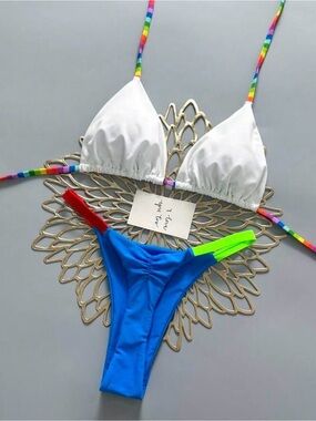 White Triangle Bikini Top with Blue Colorblock Bottom